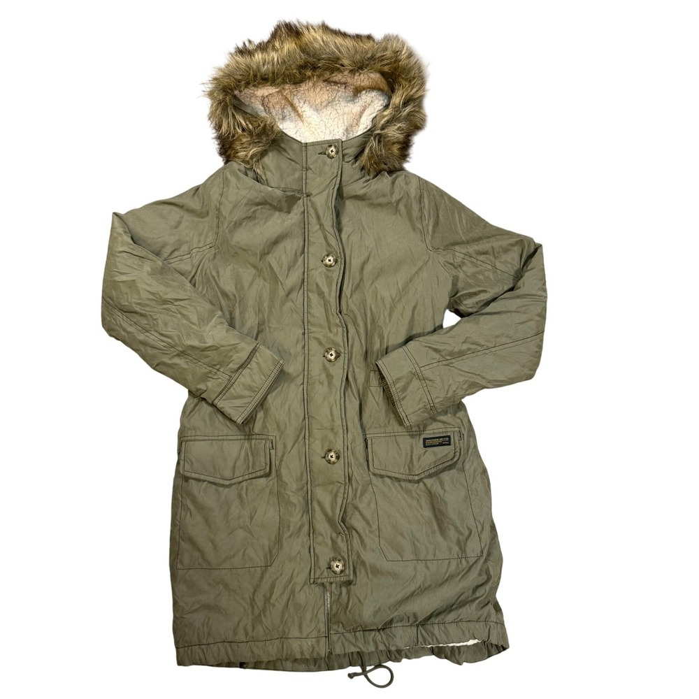Abercrombie & Fitch Olive Green Sherpa Lined Parka Coat Faux Fur Hood Jacket M